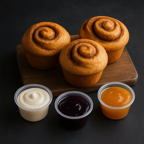 Mini Buns with frosting and drizzle cups from Bobby’s Bun Factory.